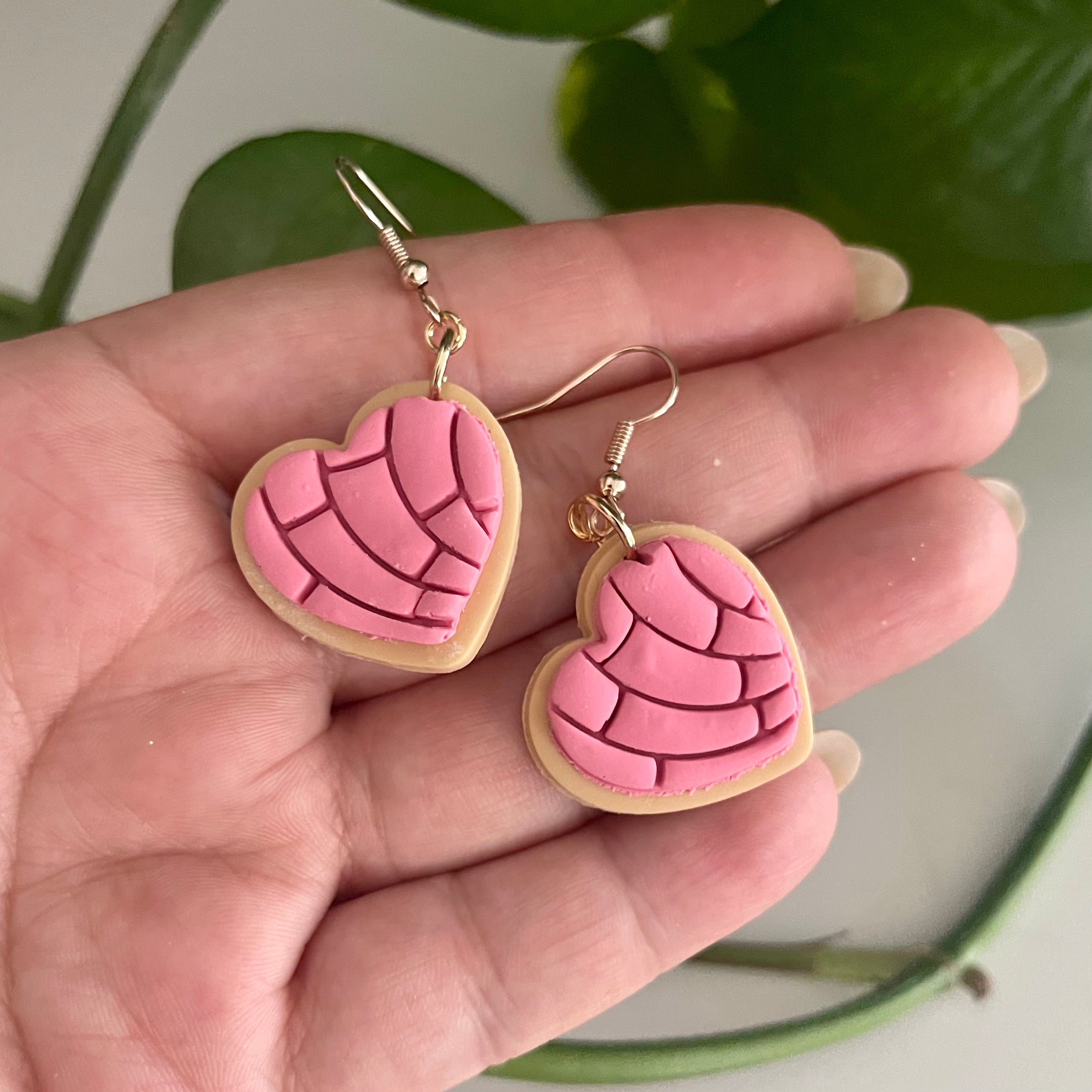 Pink Heart Concha Clay Earrings